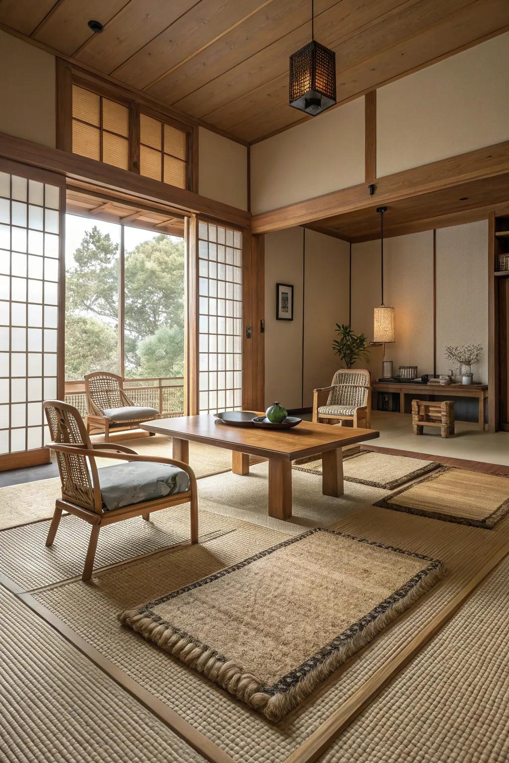 Natural fiber rugs complement the wooden furniture in this Japanese living room.