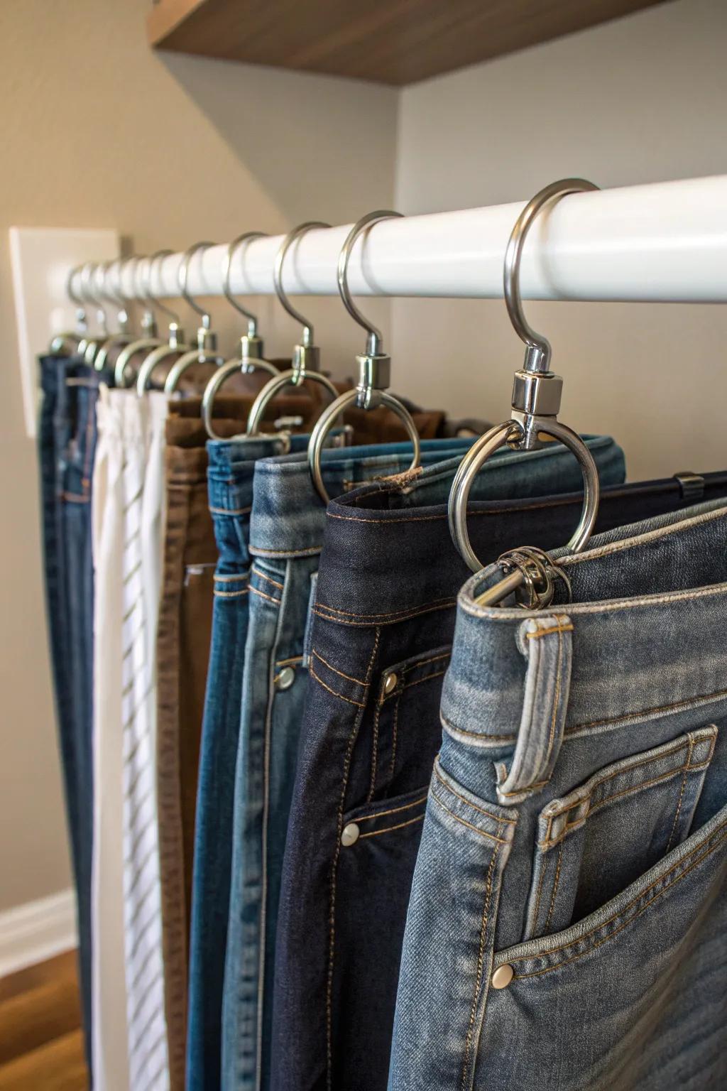 Curtain rings provide a unique way to hang jeans in your closet.