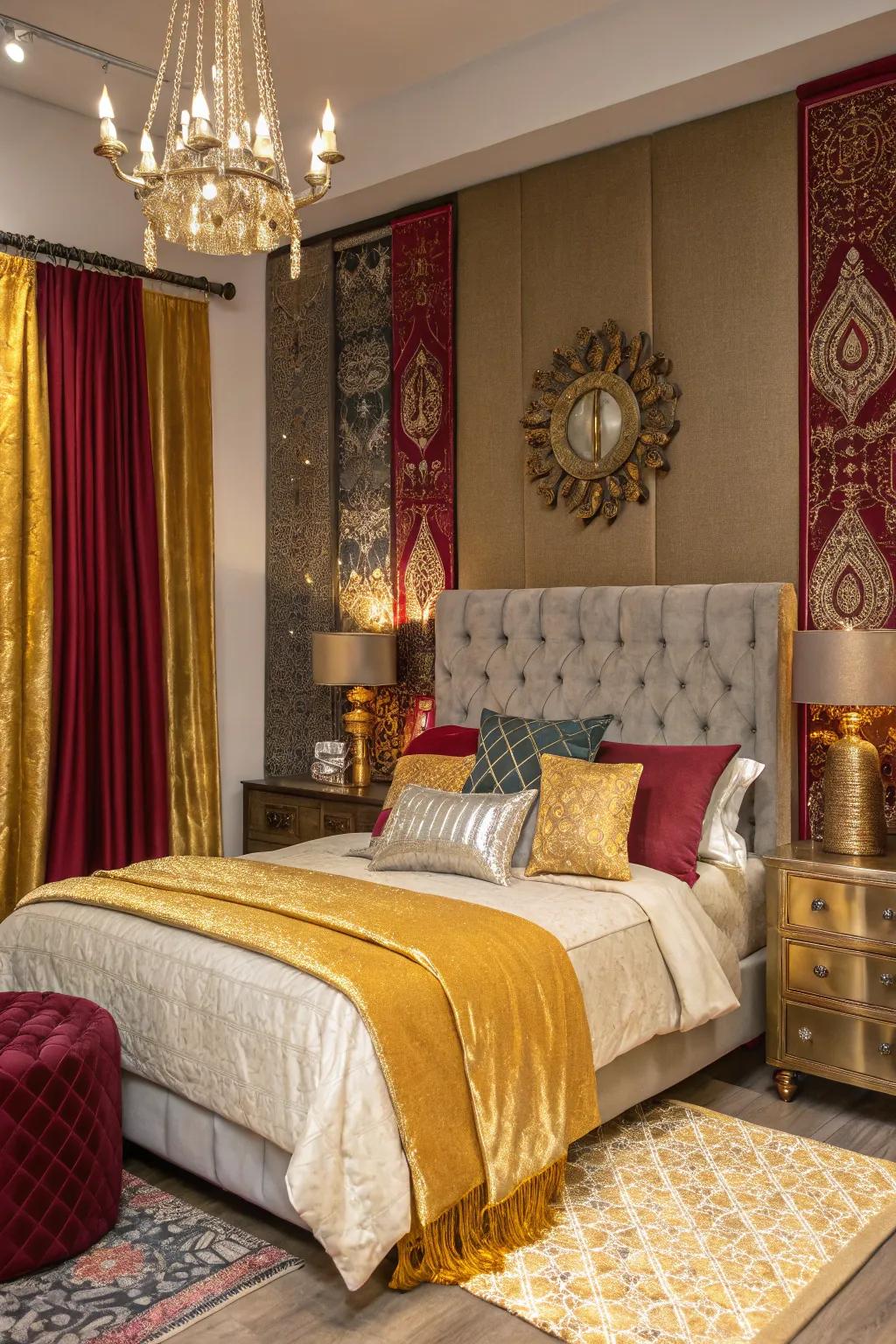 Unexpected metallic accents introduce a glittering contrast to the jewel-toned backdrop.