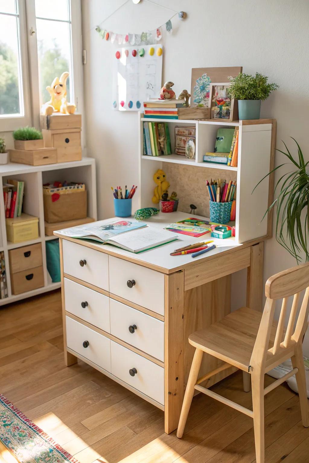 Repurposing furniture can create functional and unique desk spaces.