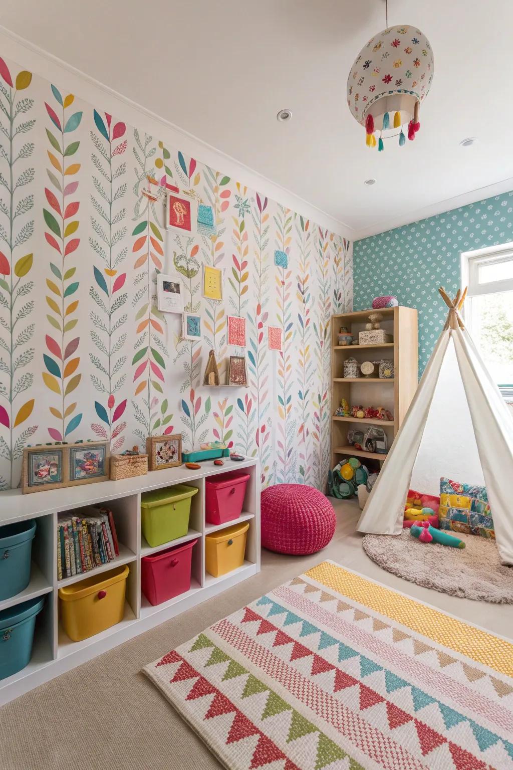 A playroom exhibiting a blend of diverse patterned wall decorations for a jovial trace.