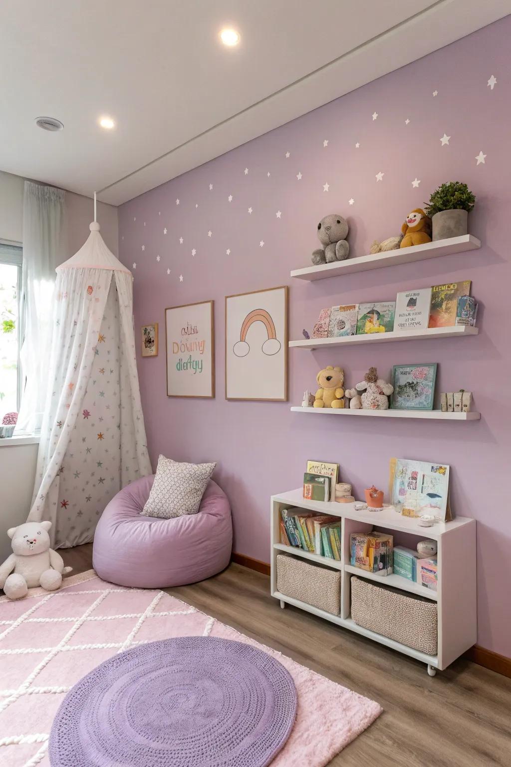 Dreamy lavender fashions a serene and restful ambiance.