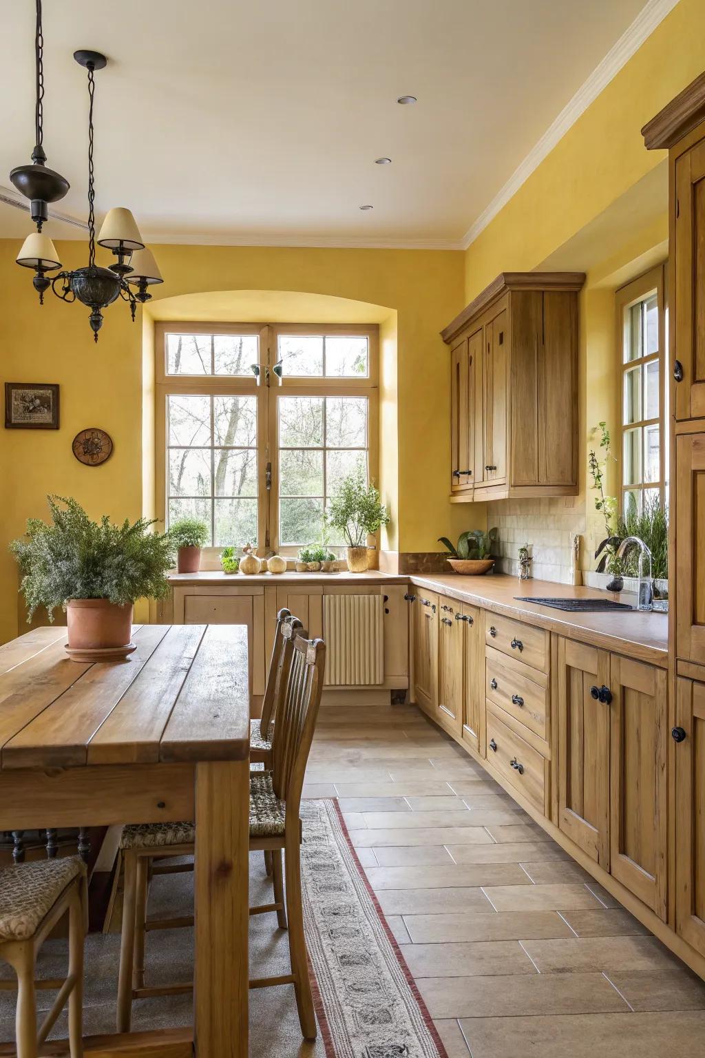 Sunlit butter essence brightens the kitchen with a welcoming glow.