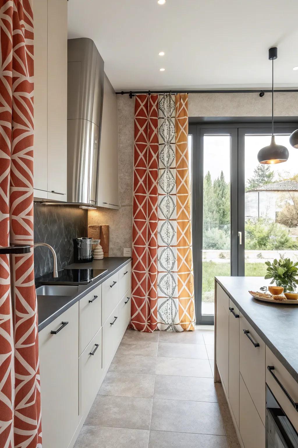 Geometric designs add a contemporary flair to kitchen curtains.