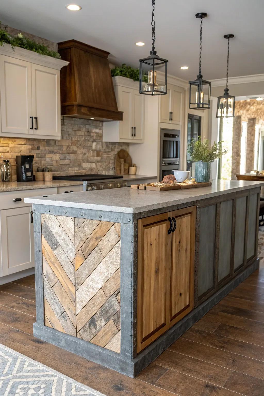 An eclectic mix of materials introduces distinctive and individualized design to this cooking island.