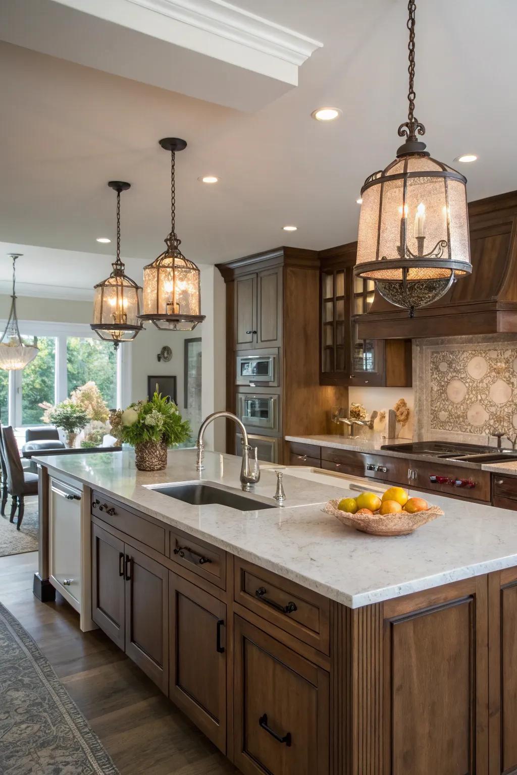 Transitional lights easily unify classic and contemporary elements.