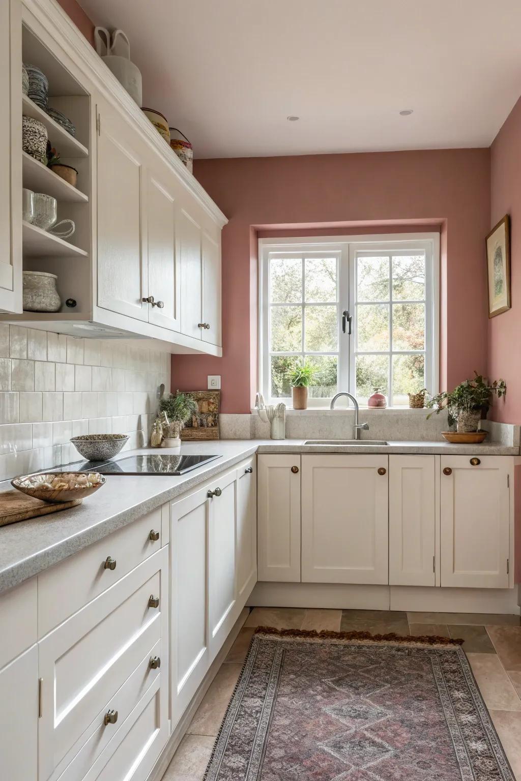 Misty rose walls add warmth and retro appeal.