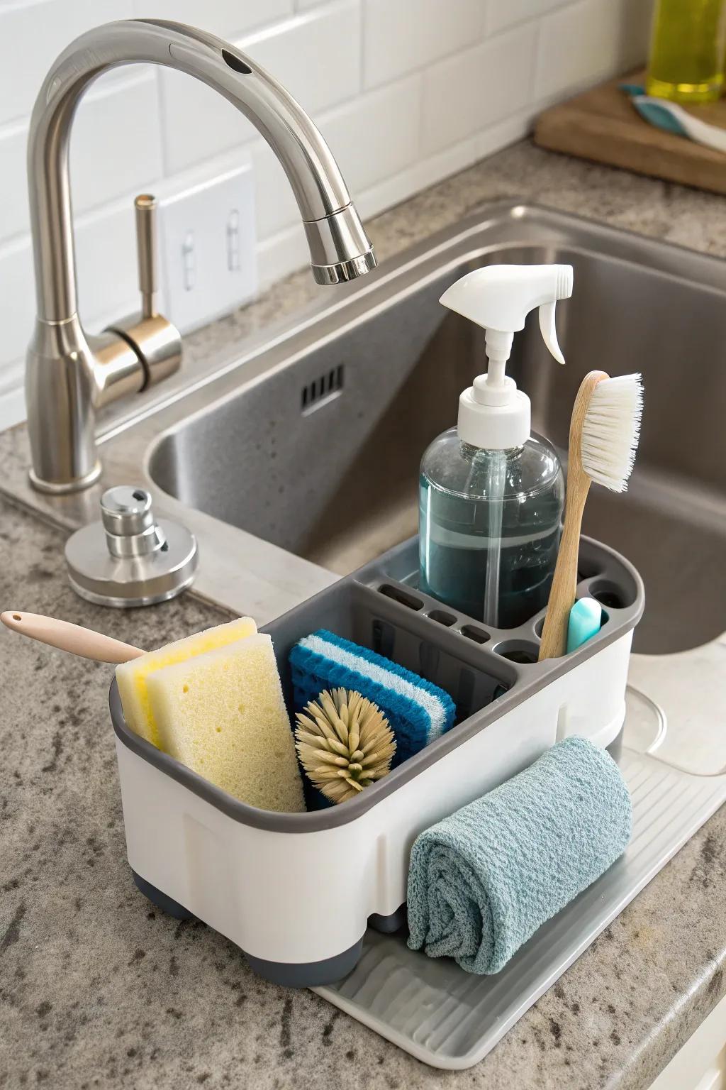 Elevate functionality with a rack that includes a cleanser dispenser.