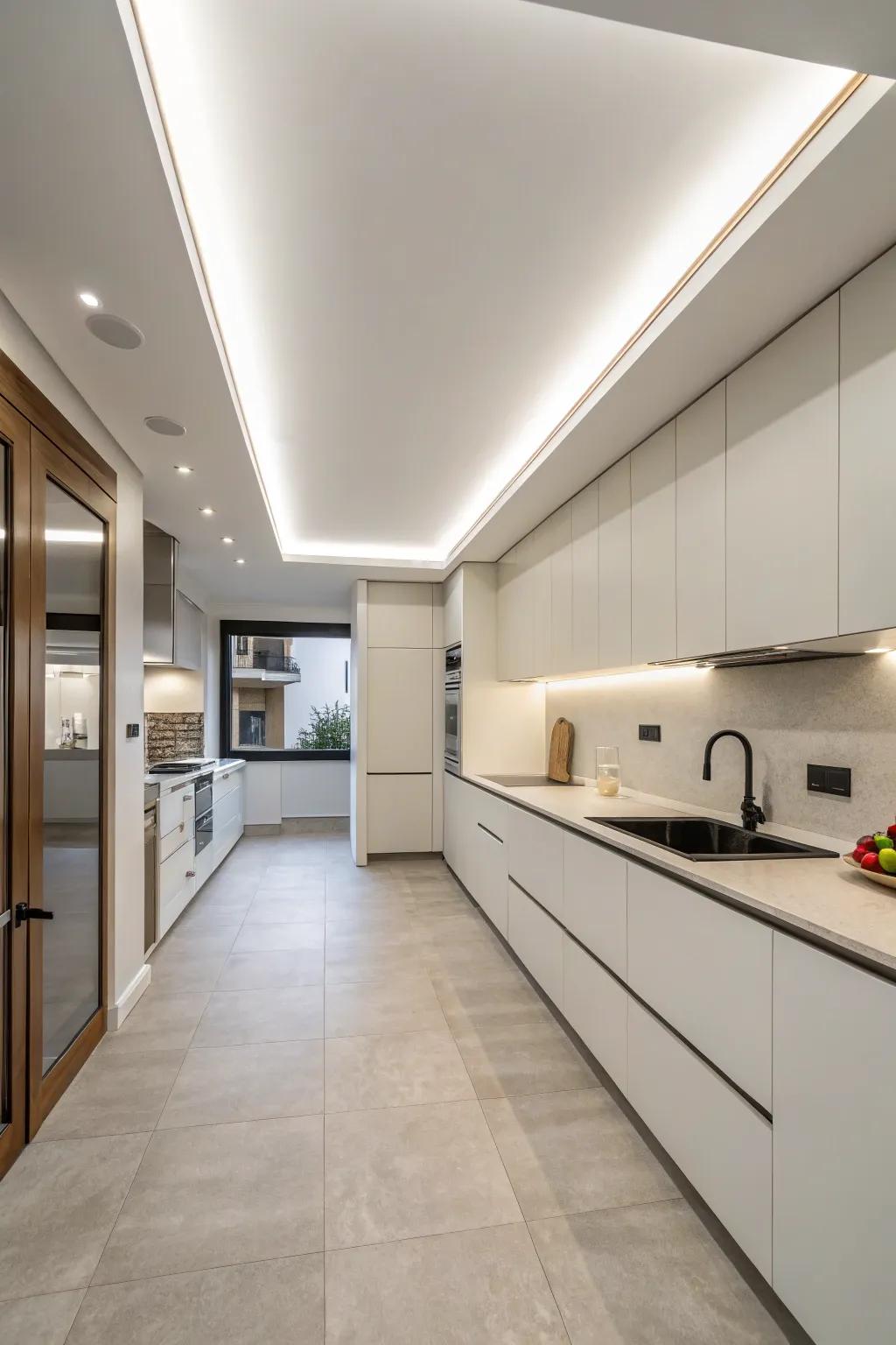 Minimalistic soffit mixing with the ceiling for a clean look.