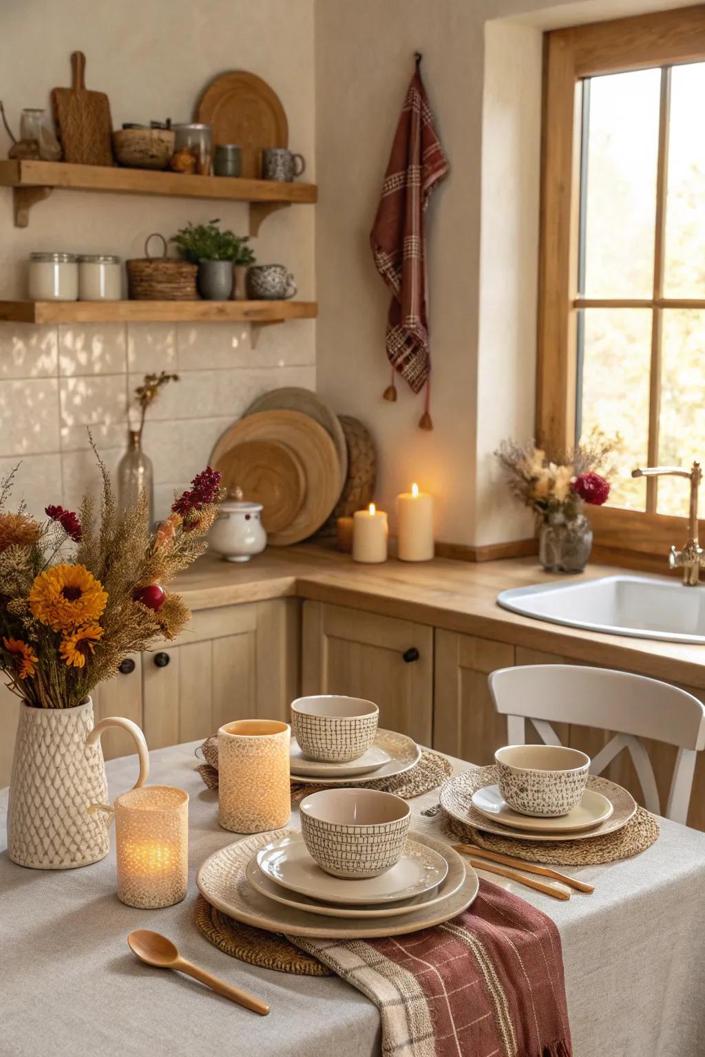 Warm subdued tones create a cozy and inviting kitchen ambiance.