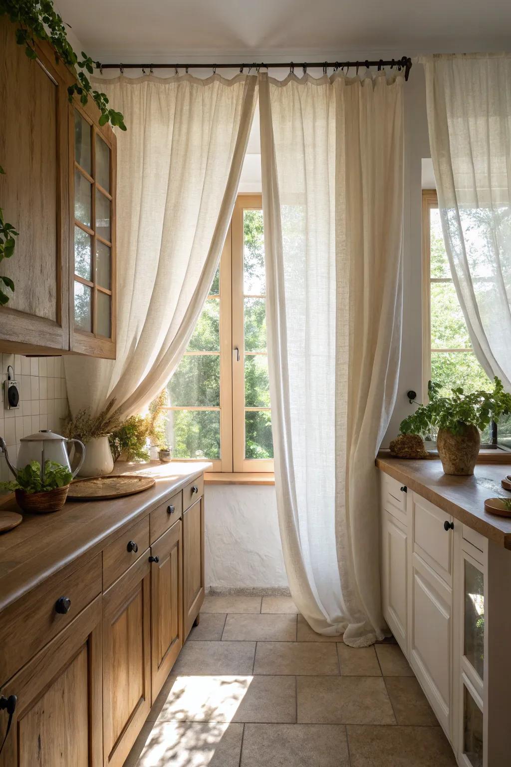 Flax curtains lend softness and elegance to kitchen windows.