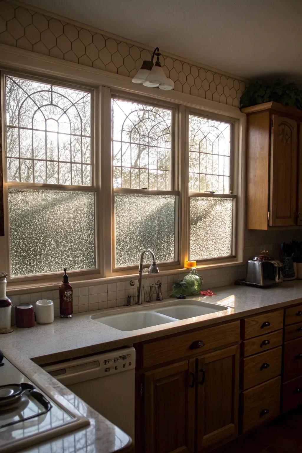 A culinary space featuring embossed glazing imparting both seclusion and illumination.