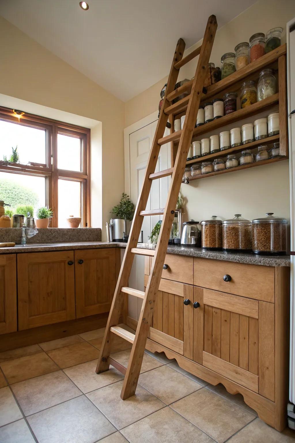 A ladder kitchen storage solution maximizes space efficiently.