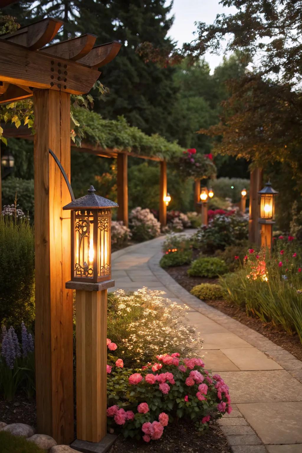 Timber lighting amplifies the garden's nighttime charm.