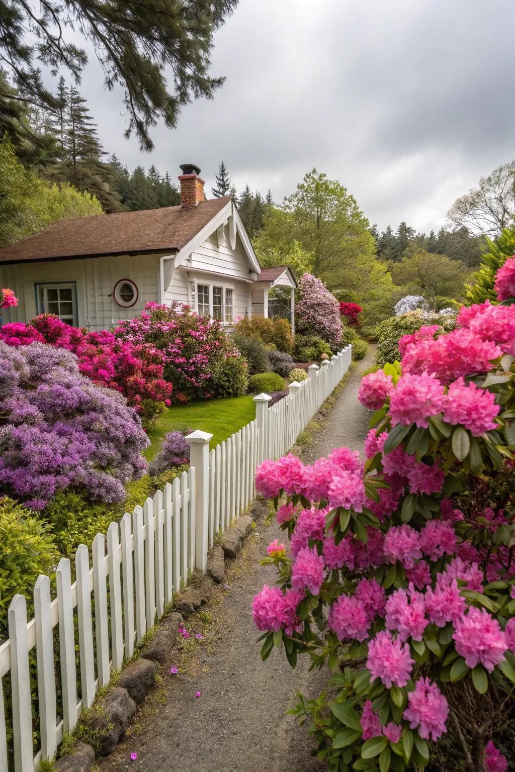 A fanciful rustic flower patch showcasing rhododendrons and roses.