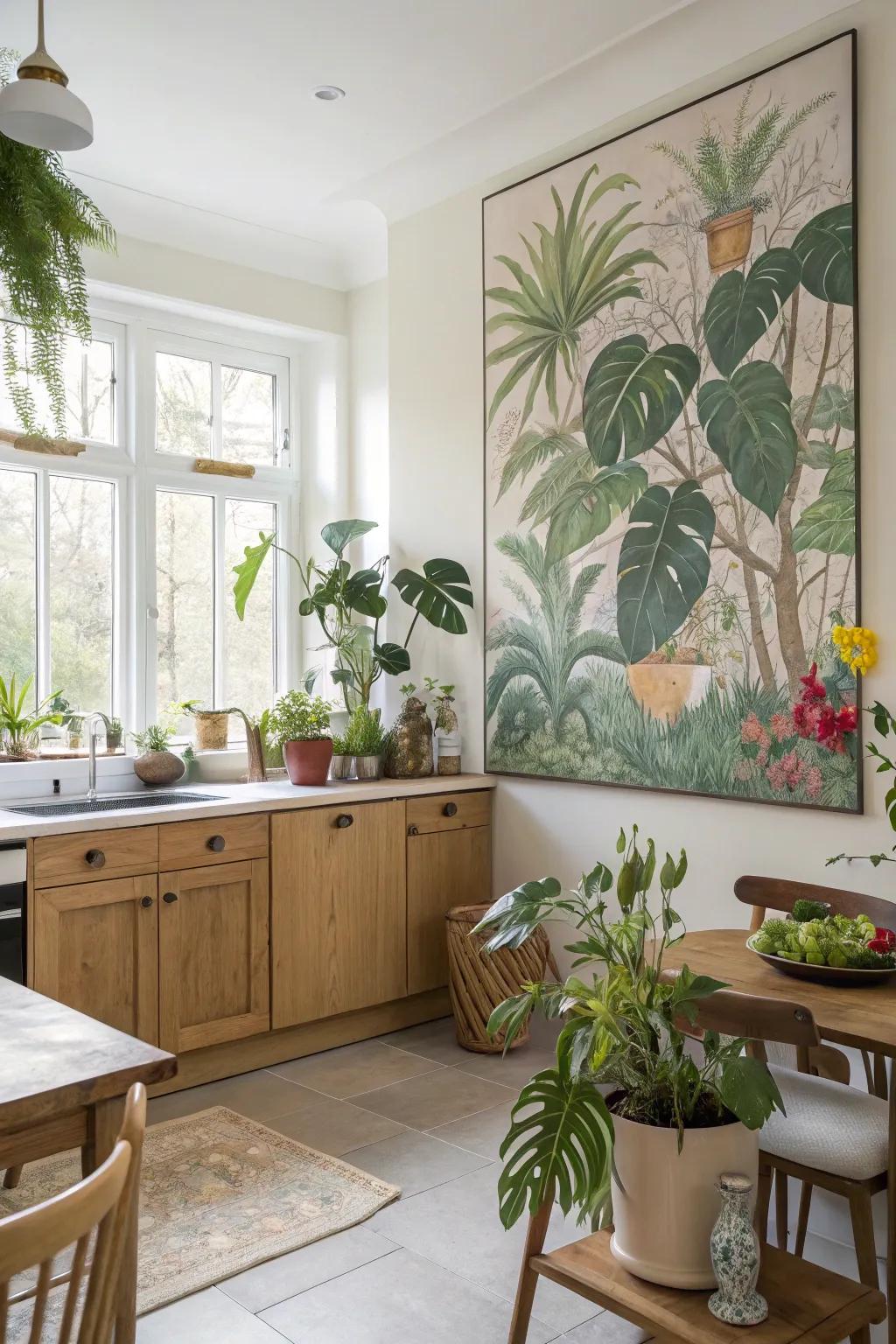 Botanical art refreshes the space with its lush and vibrant presence.