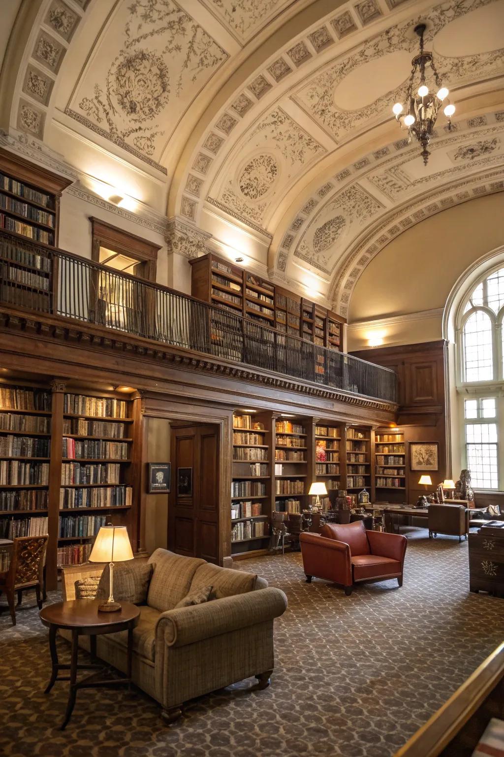 A cozy library with ample sized crown shaping, delivering a timeless and refined perusing space.