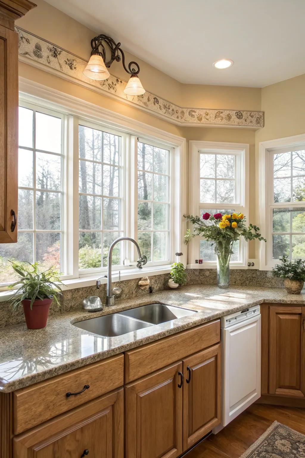 Bright corner with arch windows.