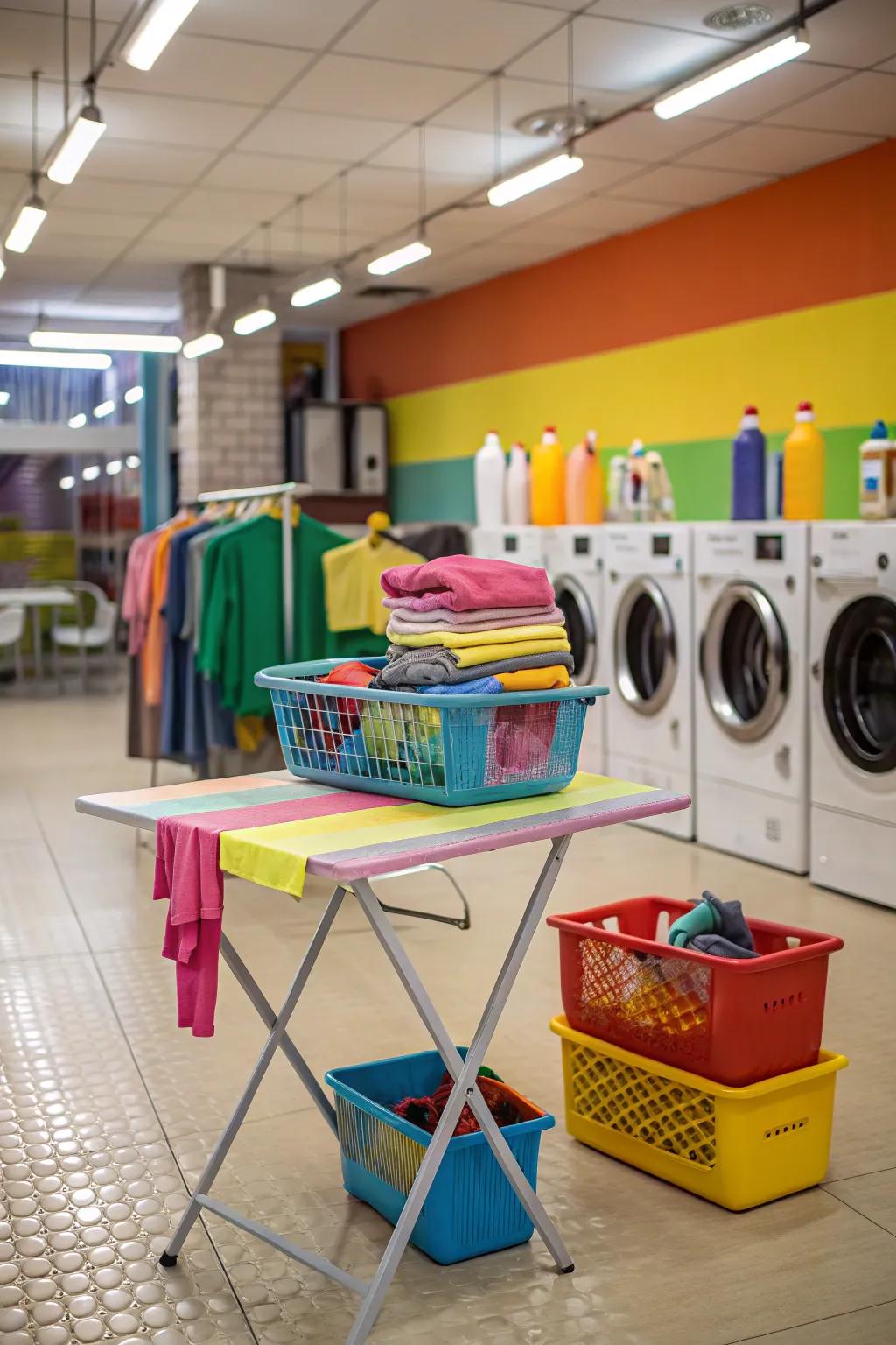 A colorful table adds a lively touch to the space.