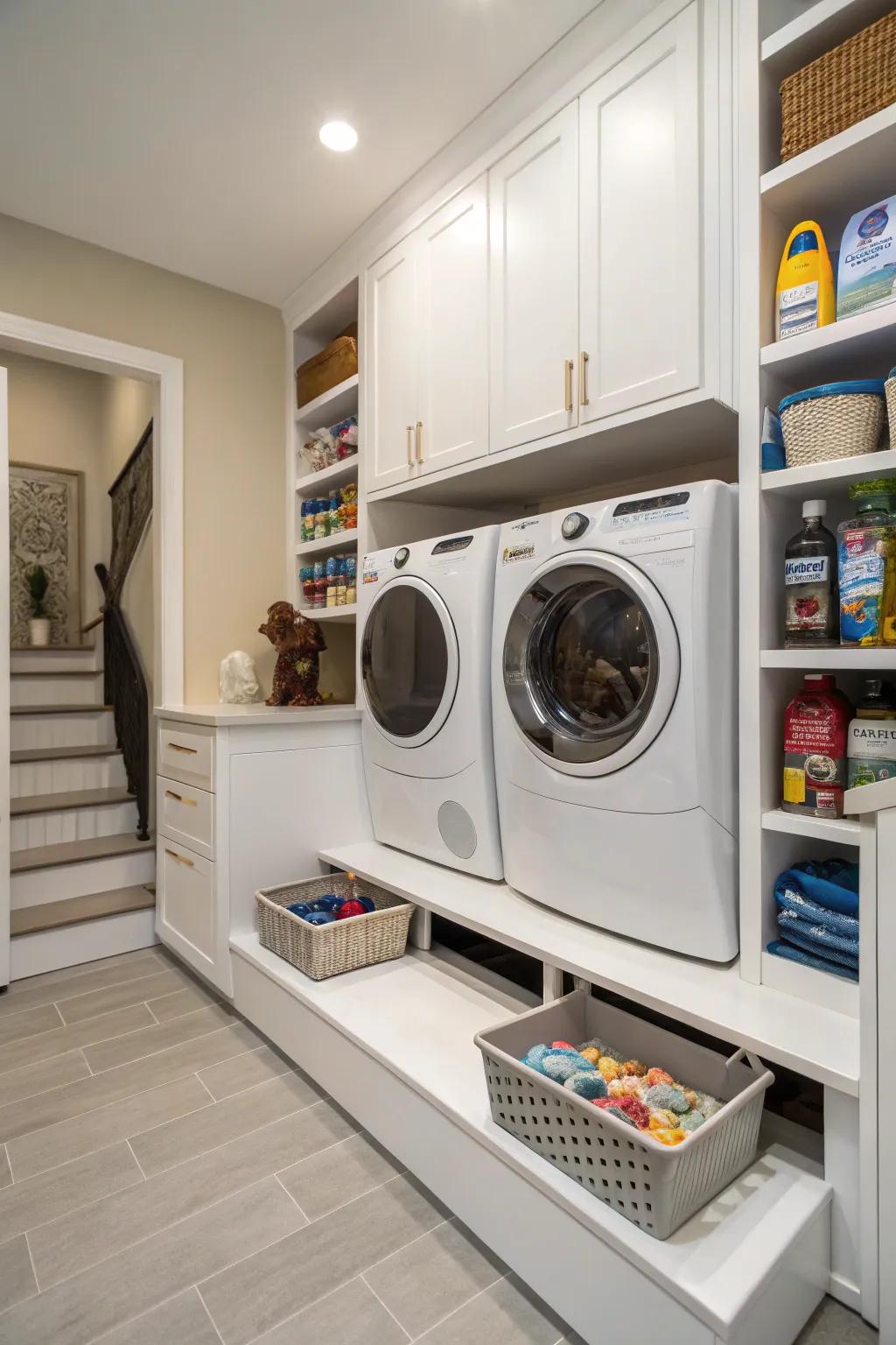 Pet-accommodating design elevates appliances and generates valuable storage.