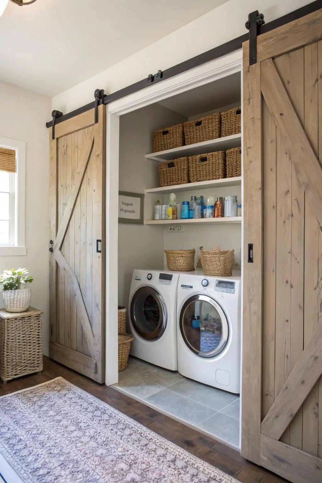 Barn doors contribute charm and utility to your laundry space.