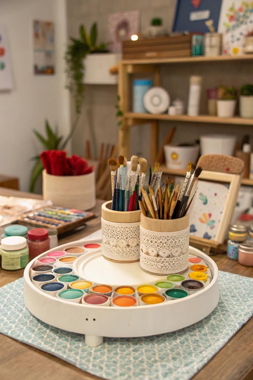 A well-organized crafting station with a rotating tray.