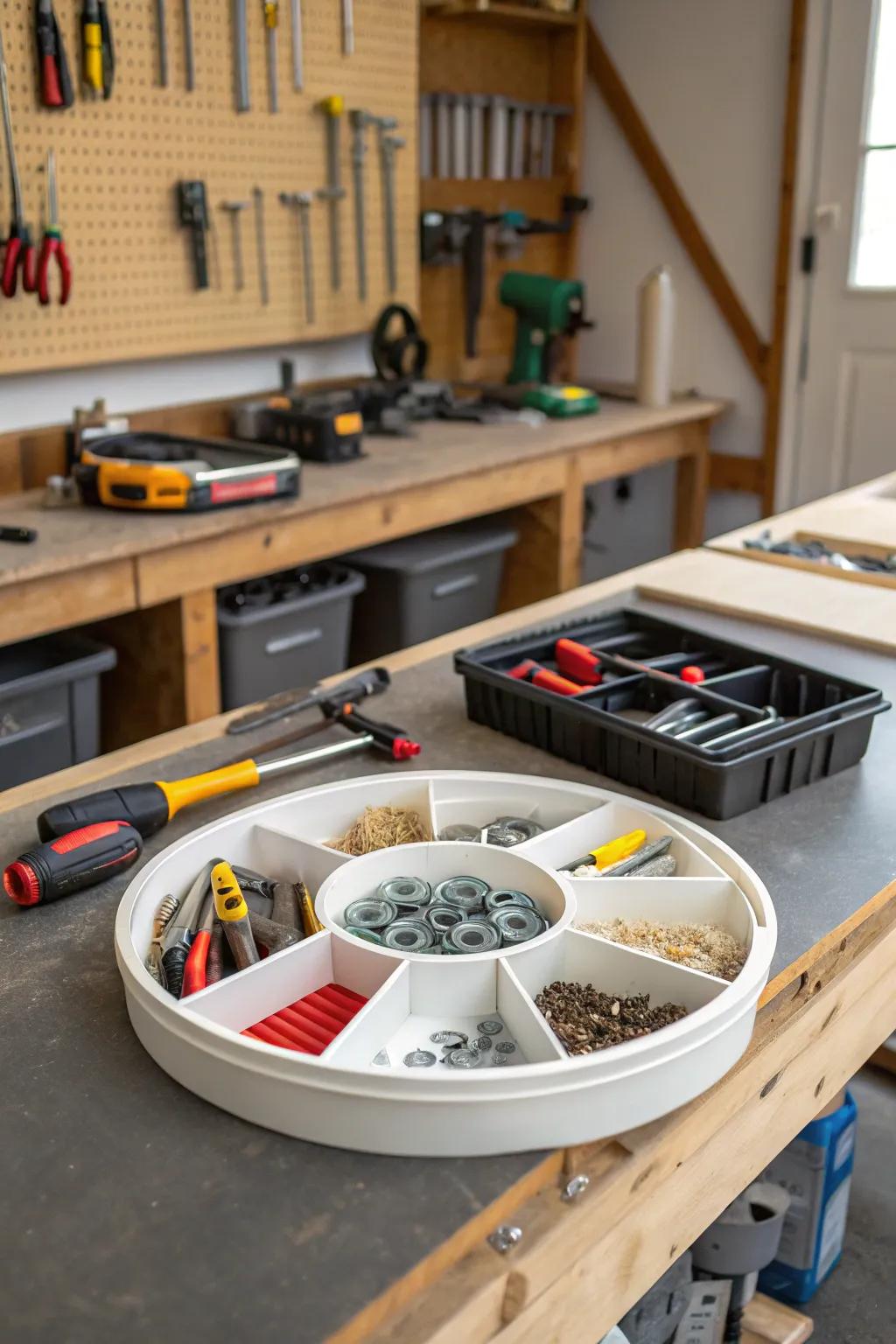 Keep your garage organized with a turntable organizer for tools.
