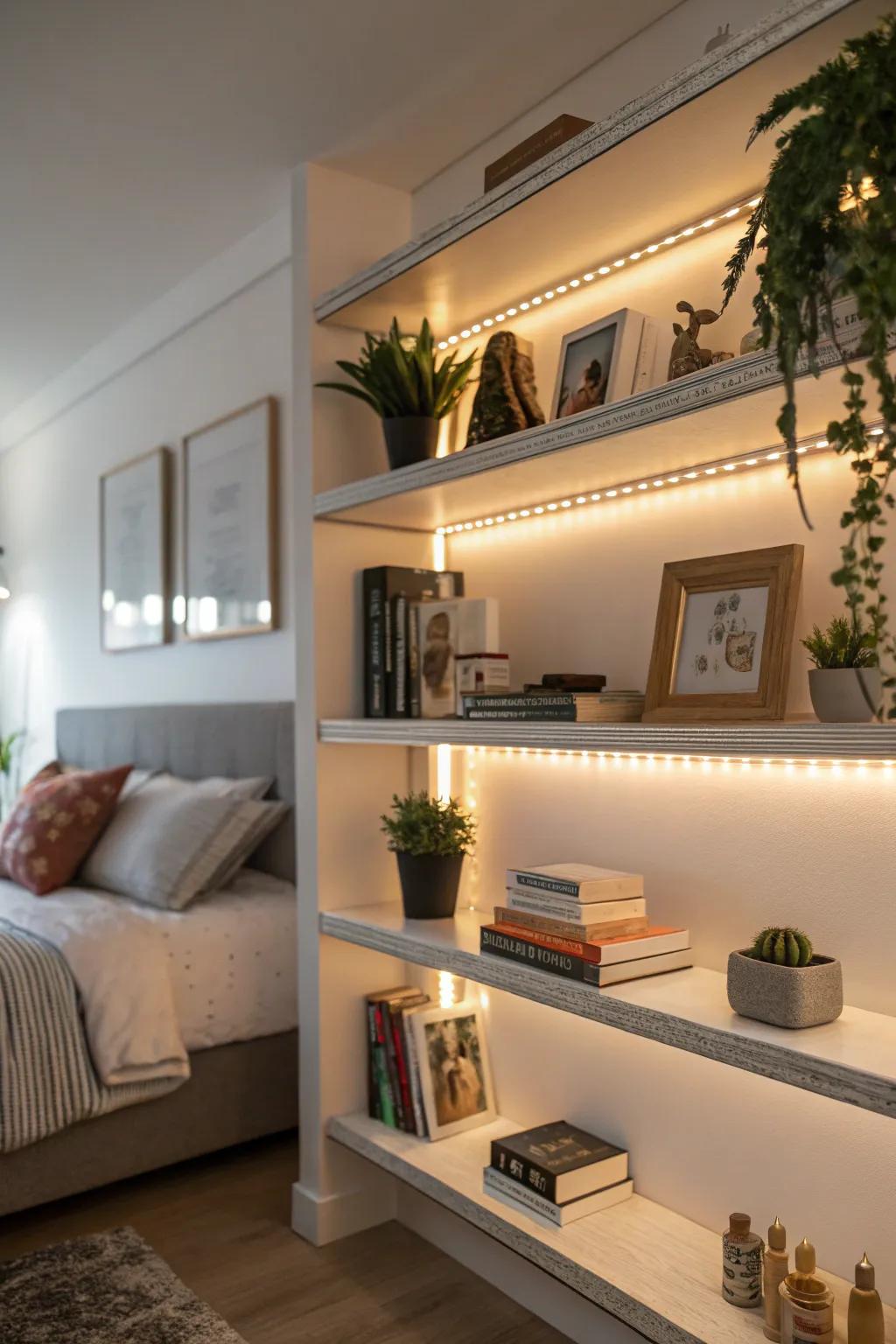 Accent lighting for shelves using luminous diodes bars.