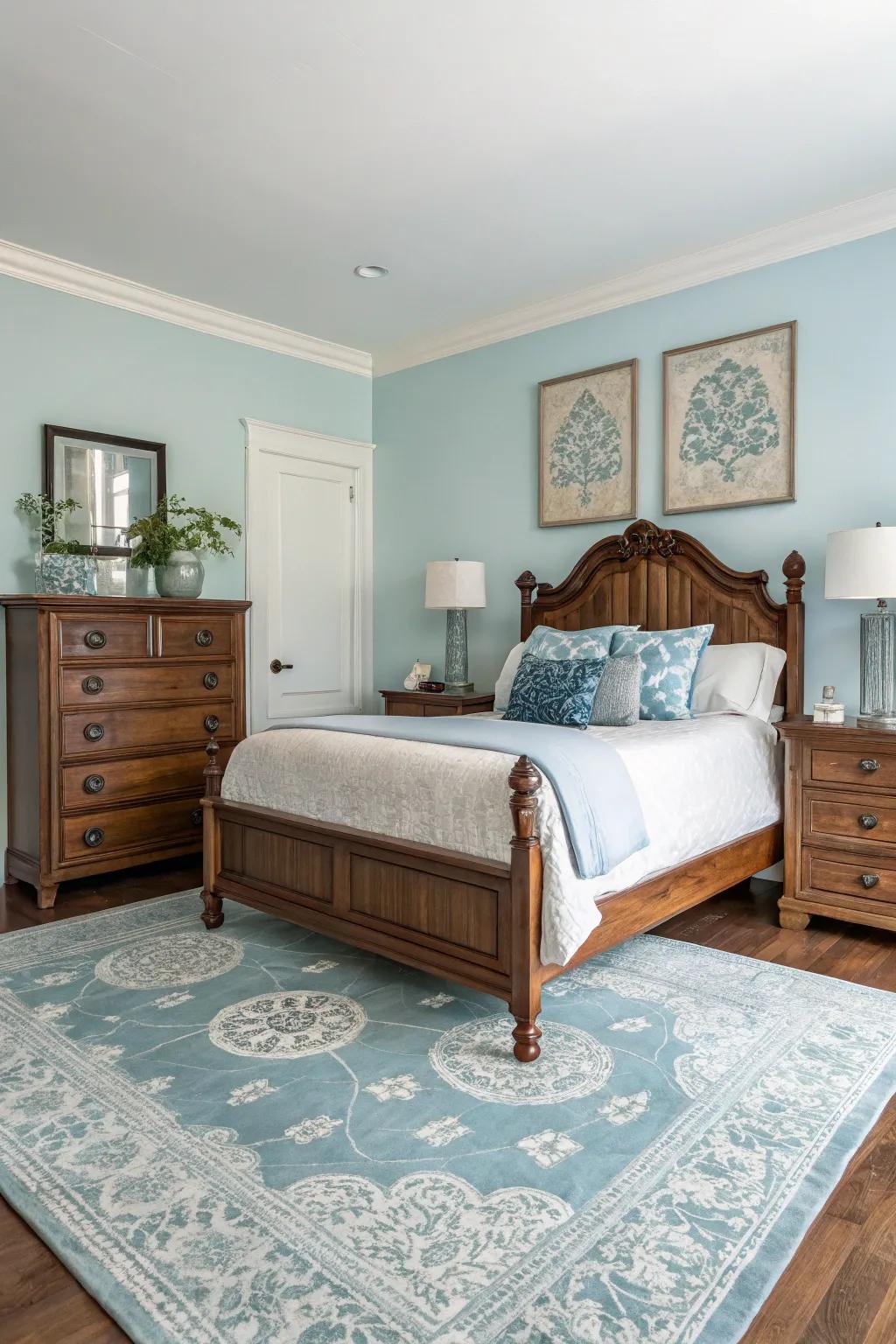 A bedroom blending traditional furniture with modern light blue tones for a balanced look.
