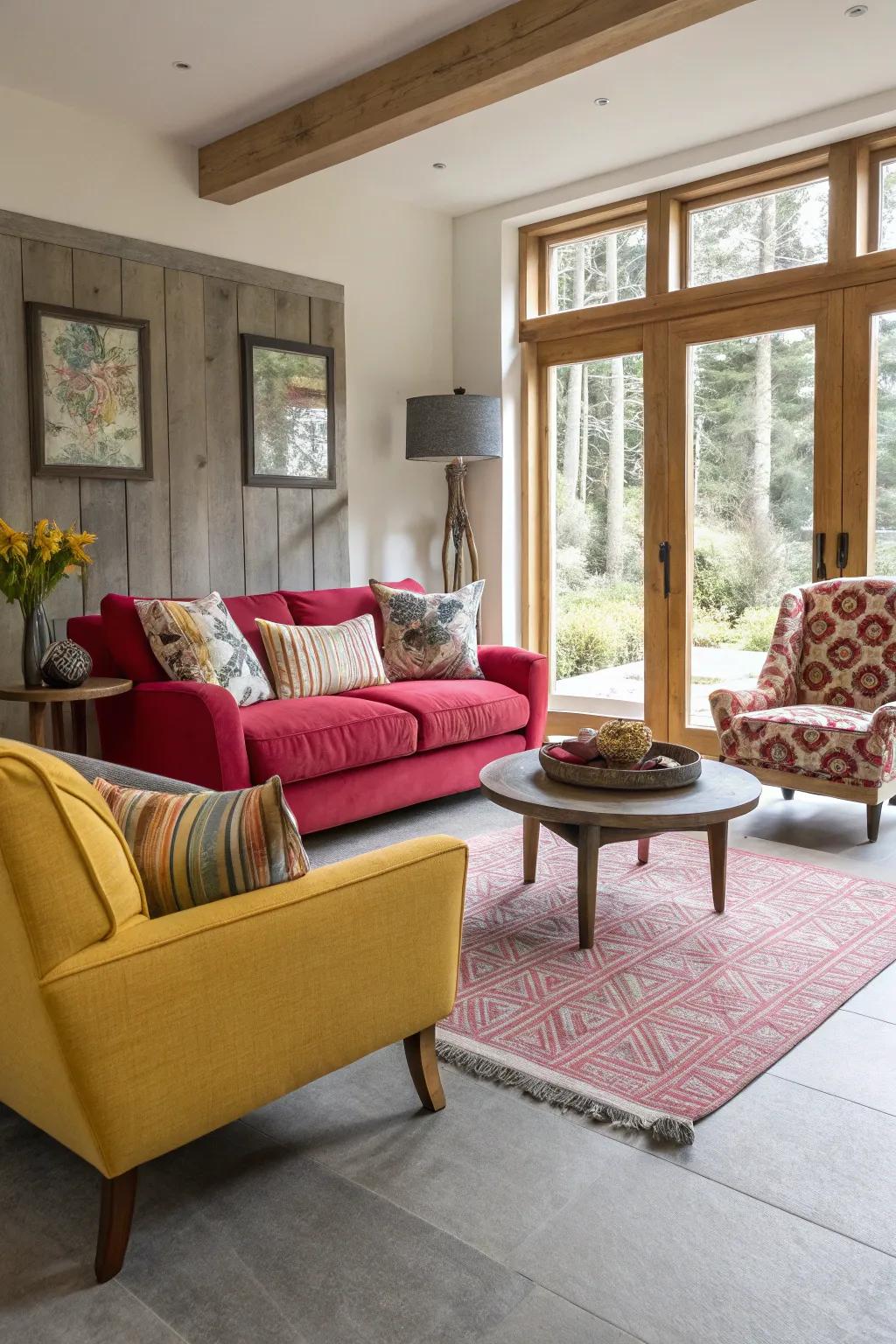 A stylish living room with light grey flooring and bold furniture.