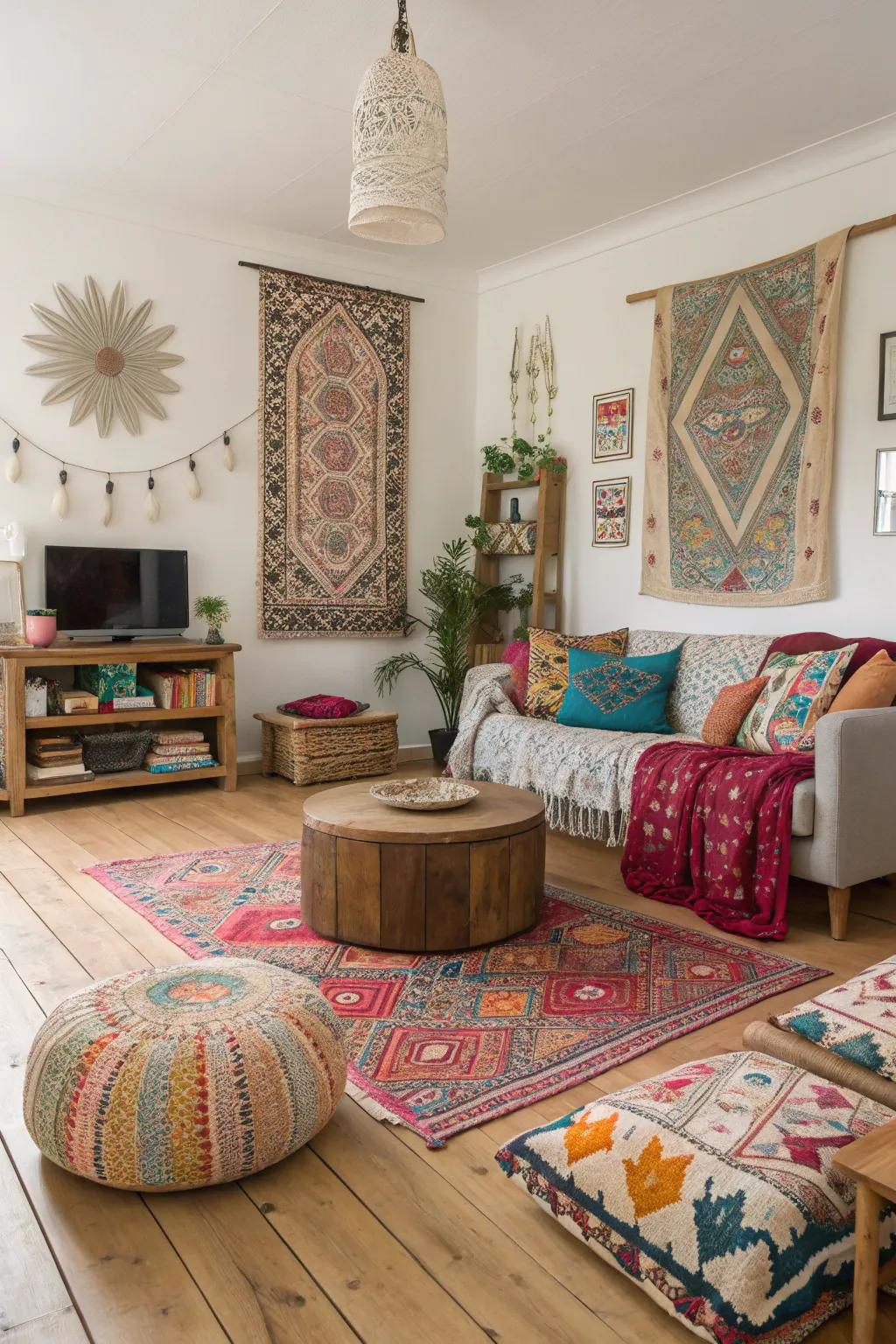 A bohemian-inspired living room with eclectic decor set against versatile light wood floors.