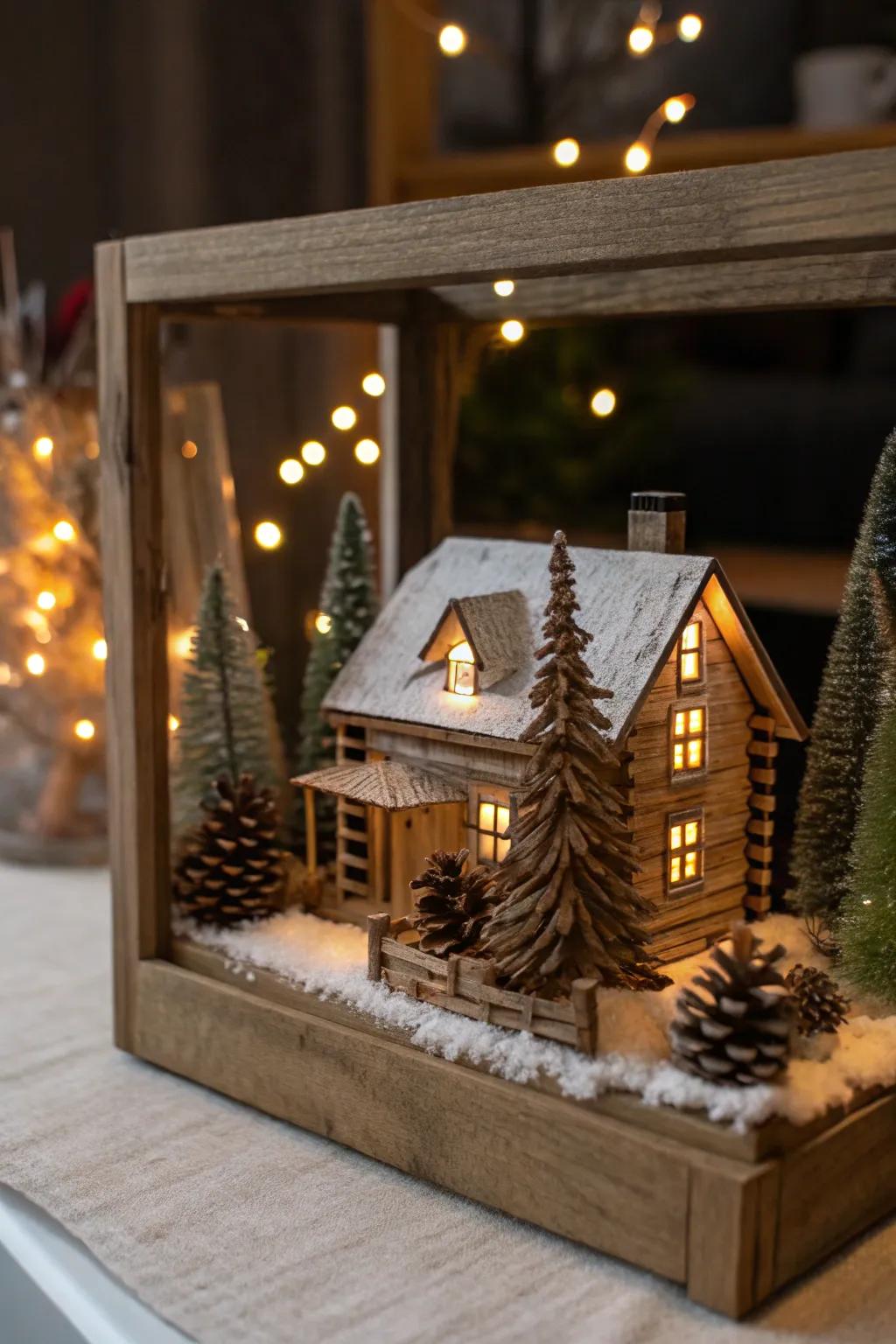 A cozy rustic cabin-themed shadow box