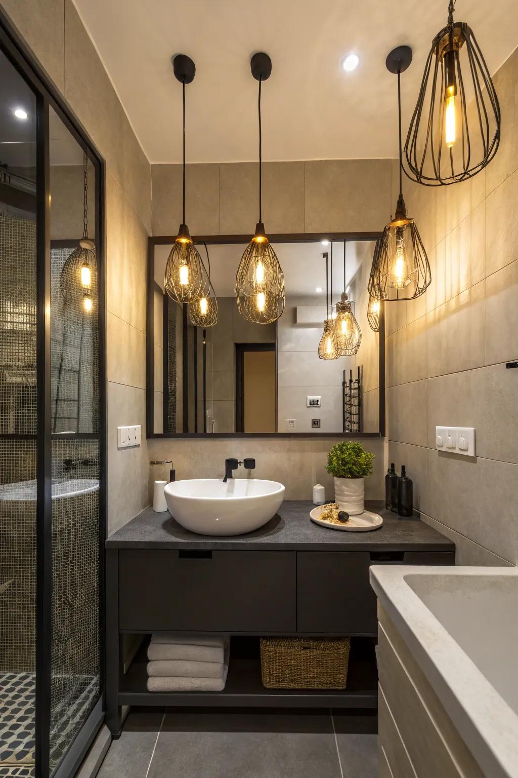 Low-dangling drop lights transform lavatories into chic, well-lit havens.