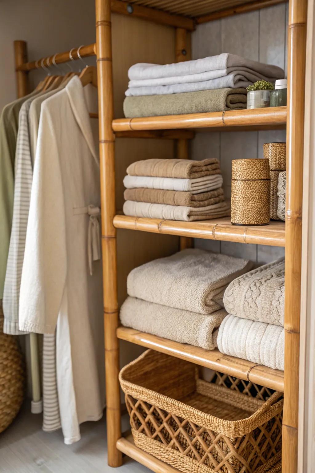 Eco-conscious cane shelves inject warmth and sustainability.