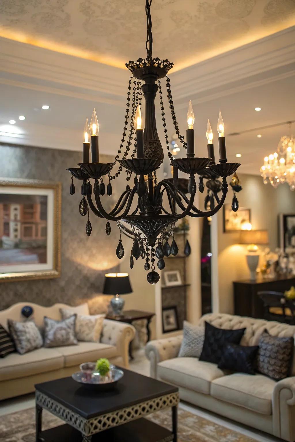 A living room featuring a black overhead light as a dramatic main point.