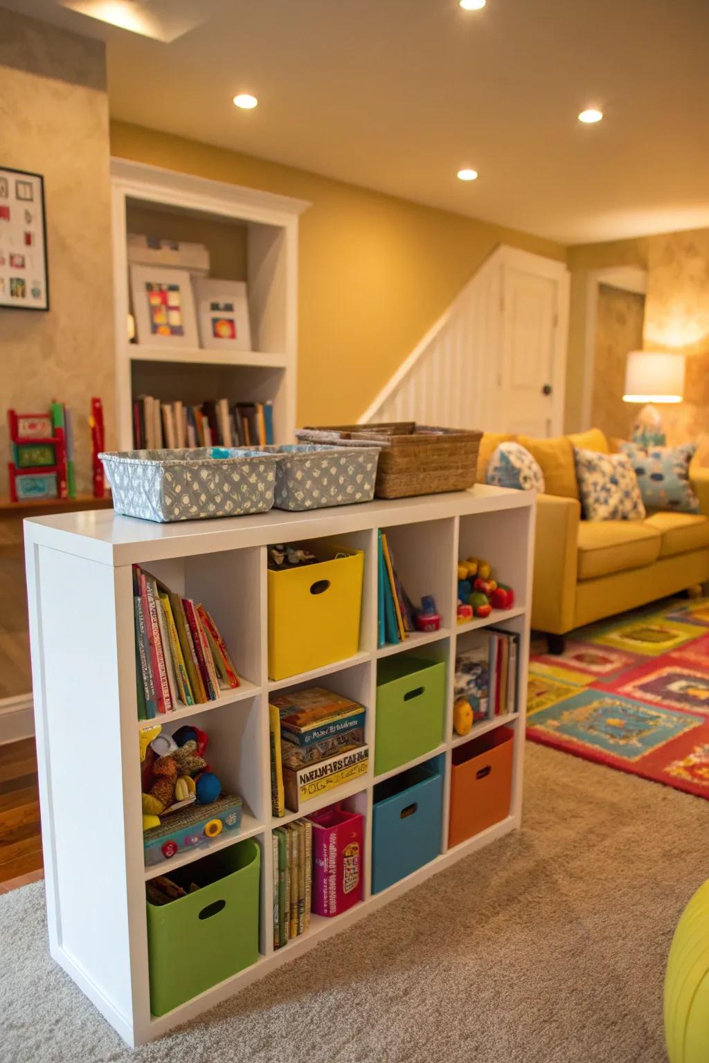 A dynamic kids’ zone using modular shelving for amusement and education.