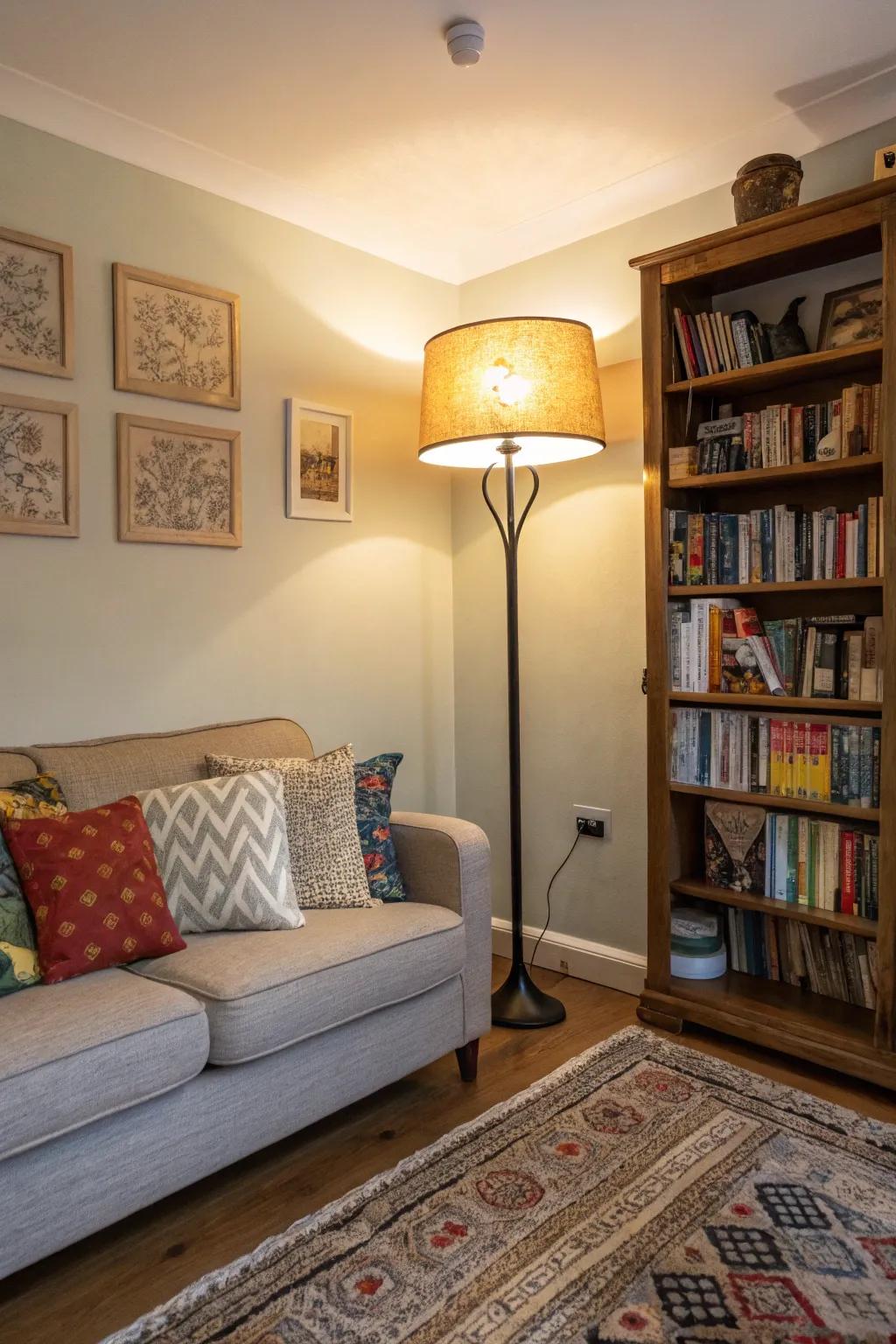 A small family room featuring a compact standing lamp.