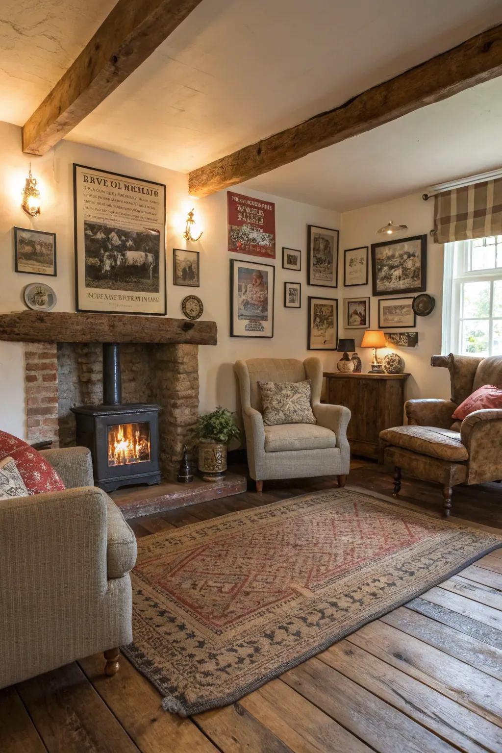 Recaptured lumber flooring infuses heritage and homespun allure within your family room.