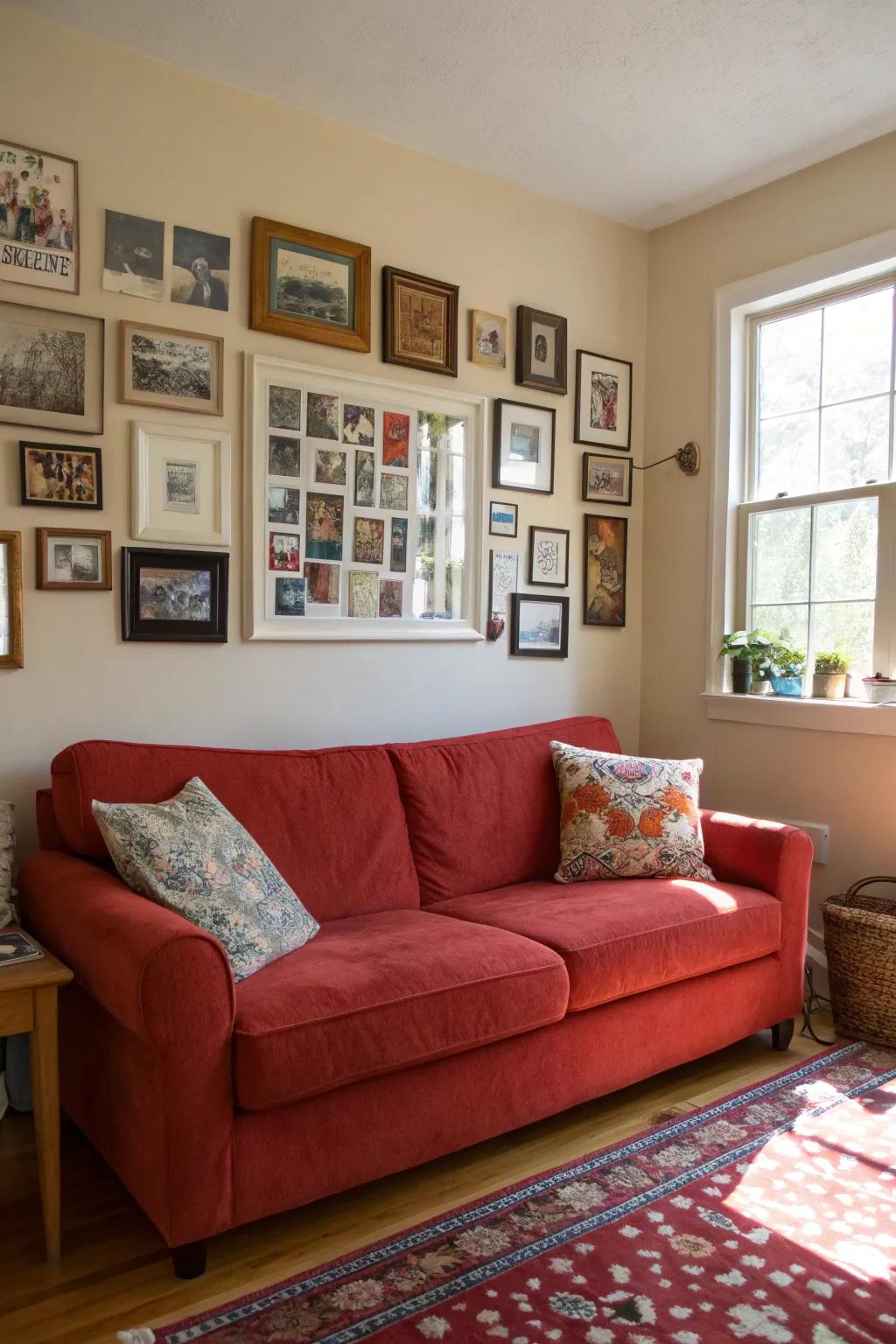 A gallery wall customizes the space and enhances the visual appeal of a red sofa.