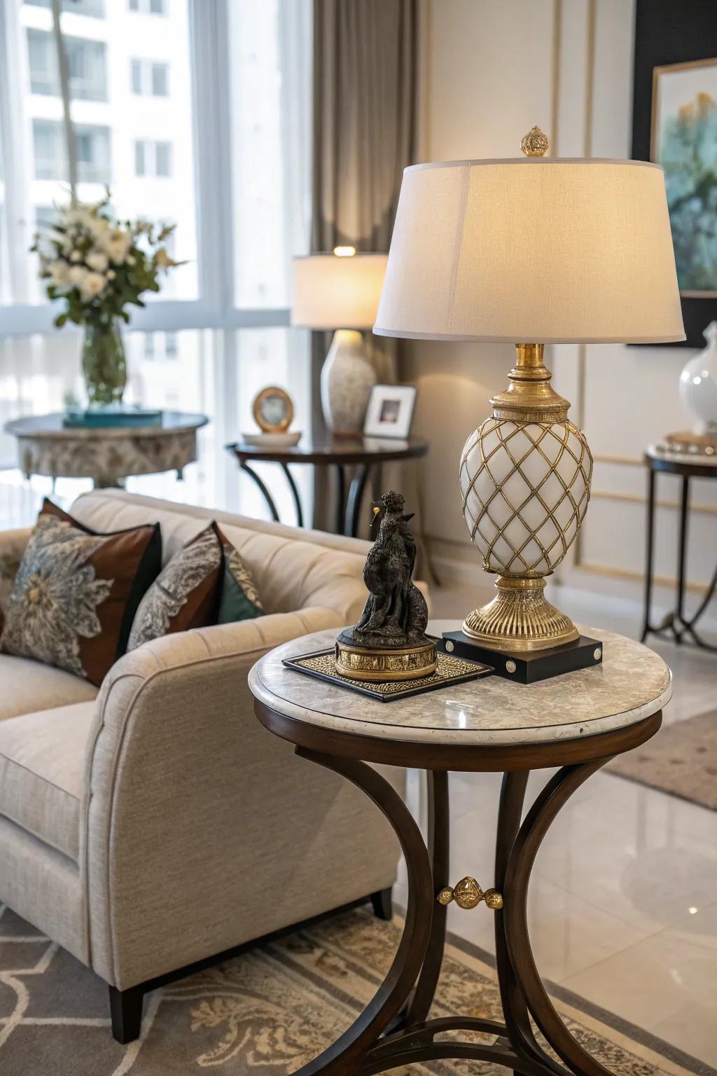 Art pieces on side tables lift the décor to another dimension.