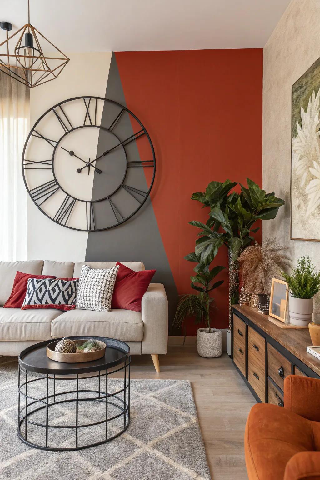 A contrasting backdrop turns the wall clock into a prominent focal point.