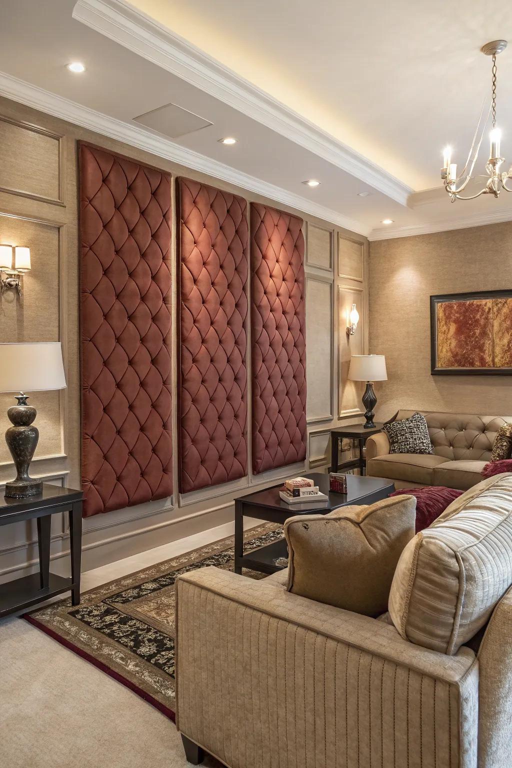 Textile panels fashion a plush and opulent wall treatment.