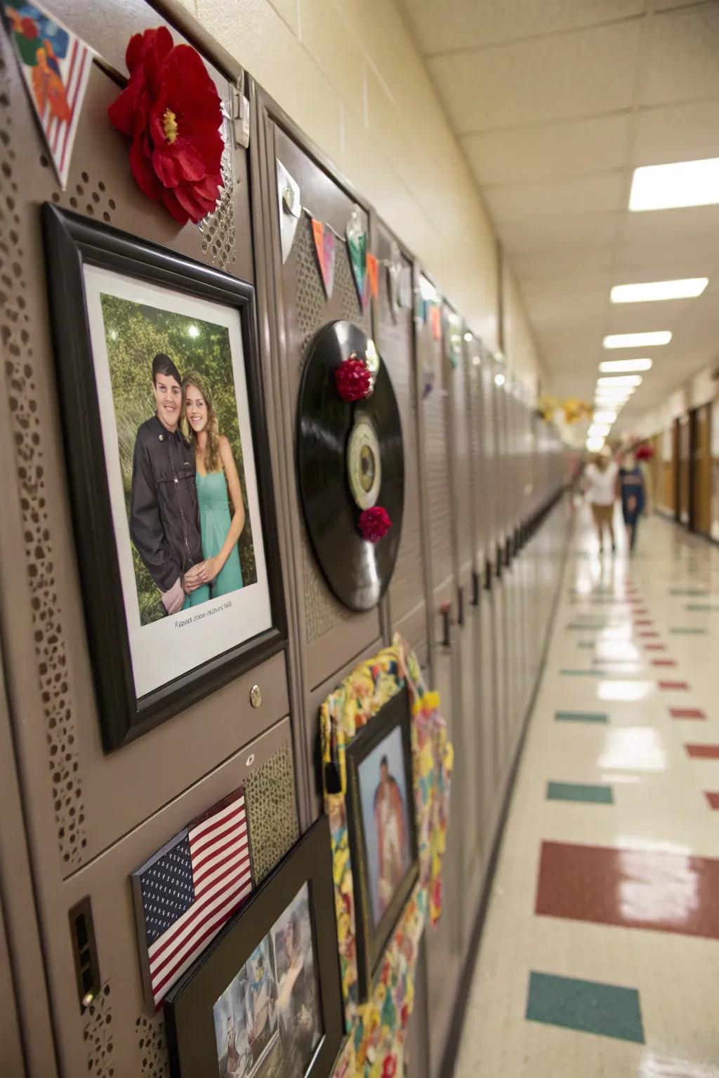 A locker displaying personal snaps in magnetic visual frames.