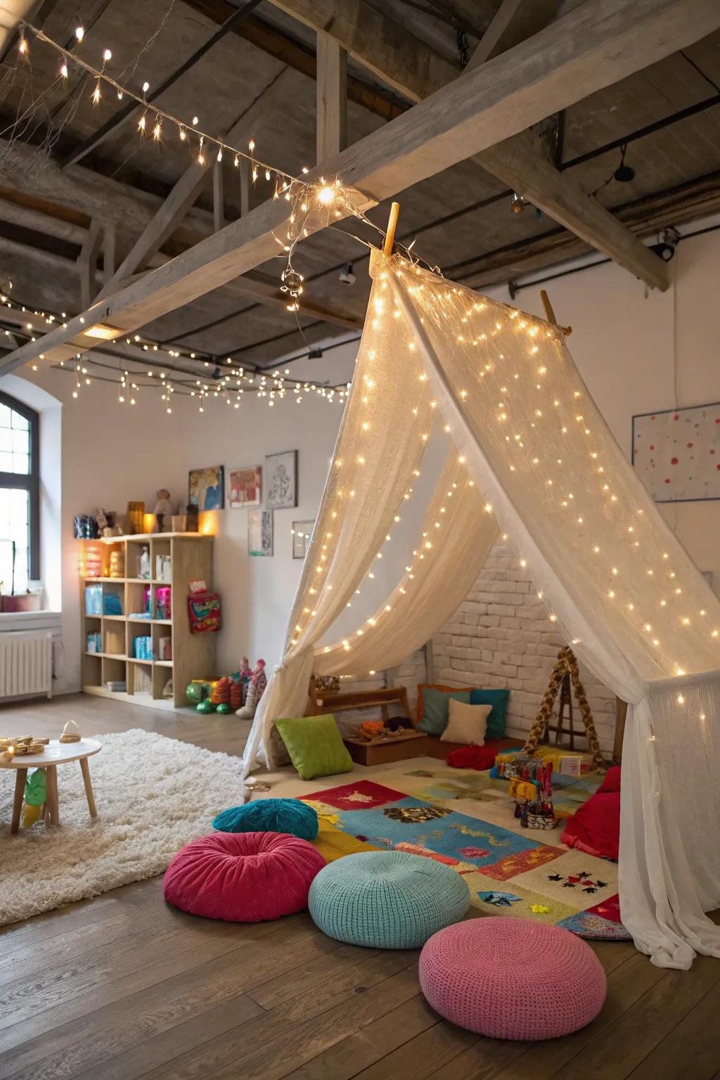 An illumination strand canopy injects a tinge of enchantment to the playroom.