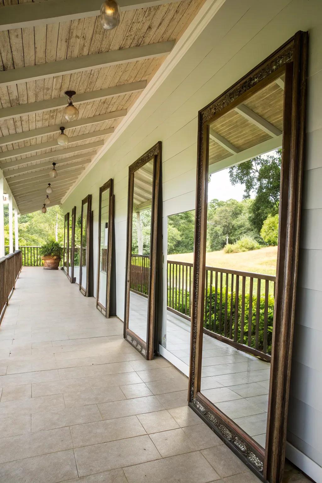 Mirrors reflect light and create the illusion of a larger porch.