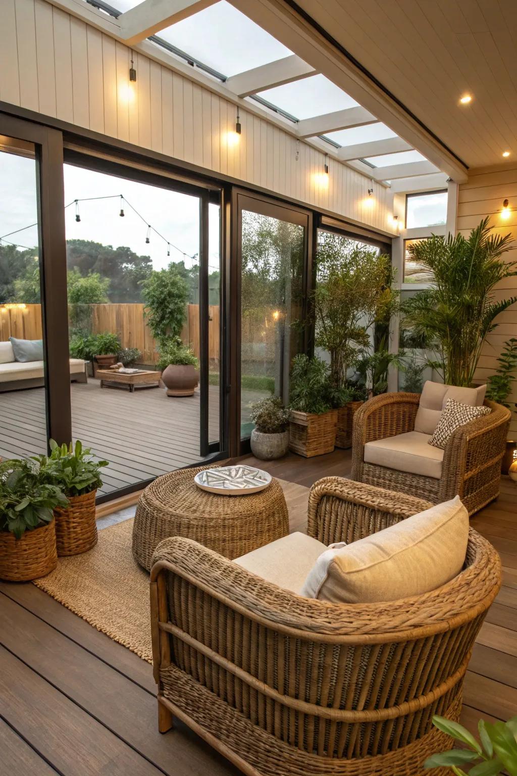 Mixing outdoor and indoor elements produces a tranquil, airy vibe.