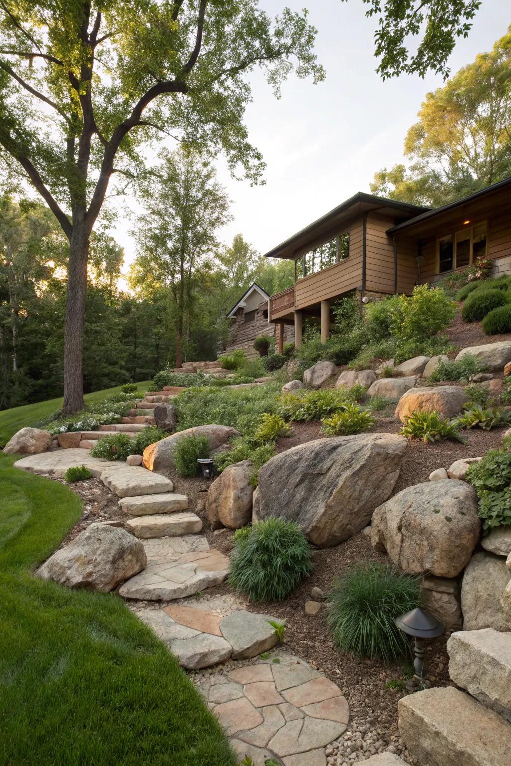 Unprocessed stone aspects elevate the rustic allure of sloped yards.