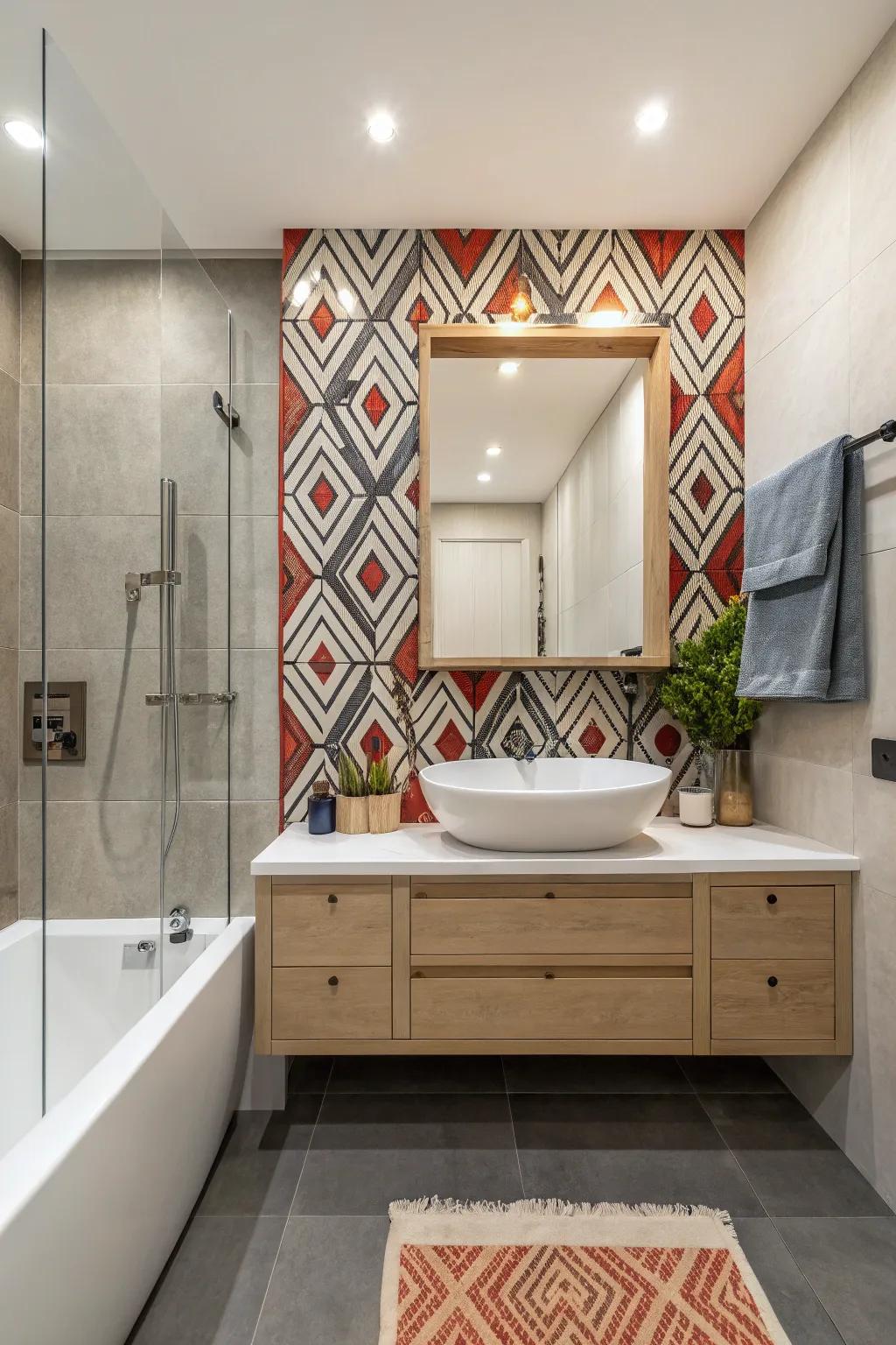A contemporary bathroom featuring a striking tile feature wall.