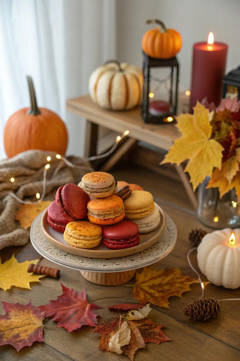Seasonal macaron arrangement with fall colors.