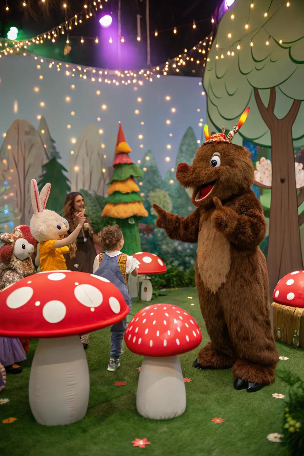 Enchanted beast props like jumbo toadstools incorporate fantasy to the party decor.